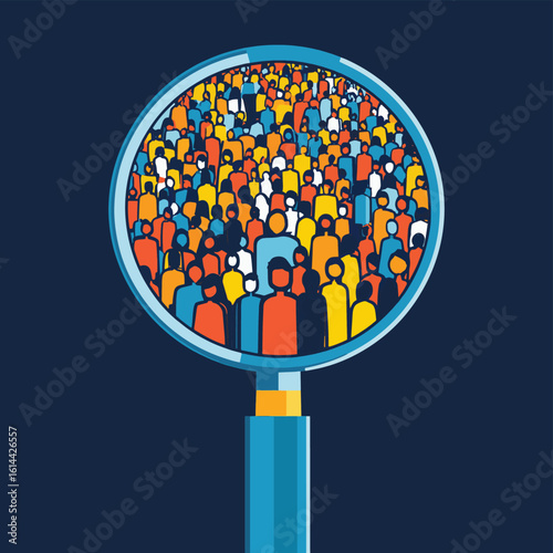 Magnifying glass highlighting individual in diverse crowd