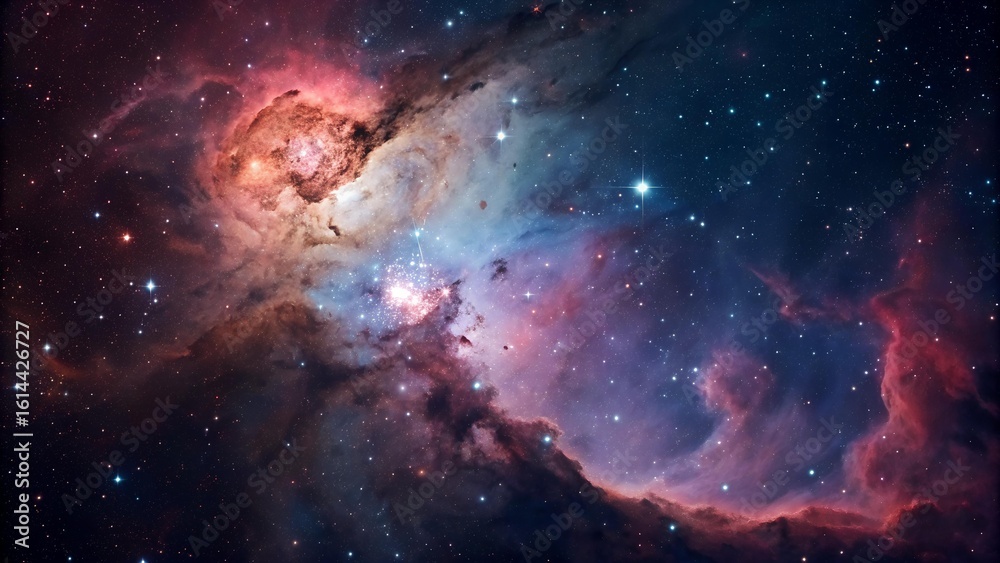 Fototapeta premium A stunning image captures a colorful nebula with vibrant cosmic dust and sparkling stars spread beautifully across the vast deep