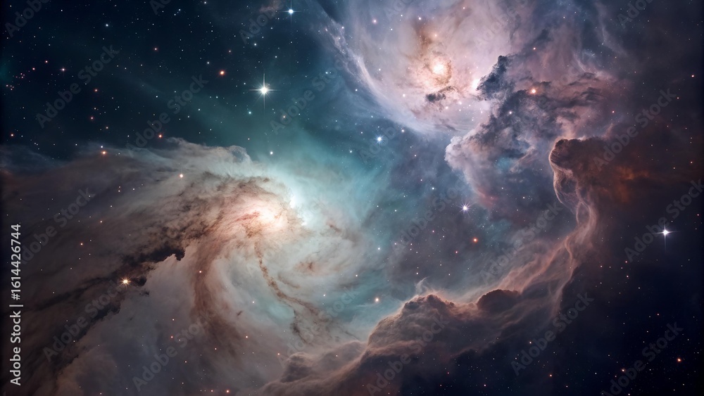 Obraz premium This image shows a beautiful and awe-inspiring view of a nebula or galaxy, filled with swirling clouds of gas and dust illuminated by the light of distant