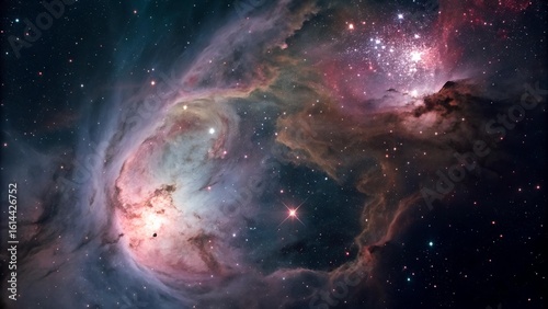 This image showcases a vibrant nebula with swirling clouds of pink, blue, and white, sprinkled with bright stars across a dark cosmic
