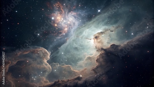 The image displays a breathtaking view of a nebula with swirling clouds of cosmic dust and gas, illuminated by the radiant glow of distant stars within a vast, dark