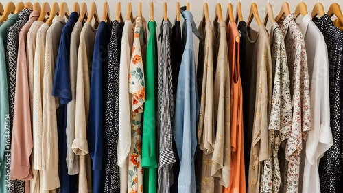 Wallpaper Mural Assortment Of Colorful Dresses Shirts And Blouses Displayed On Wooden Rack For Fashion And Retail Concepts Torontodigital.ca