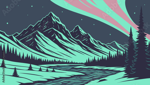 Mountain landscape vector illustration with aurora borealis and river for travel and nature posters