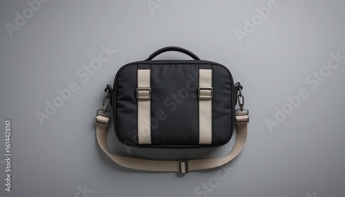 Black handbag with beige canvas straps on soft grey background