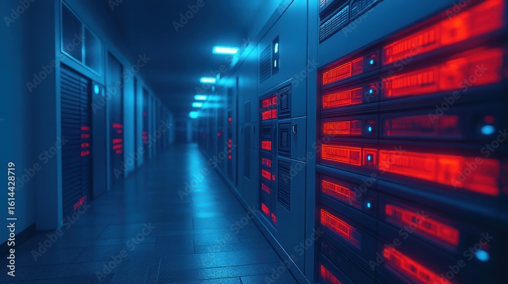Fototapeta premium A long, corridor-like server room, lined with rows of glowing server racks. Blue-toned lighting accentuates the dark space. Red highlights illuminate the rack components
