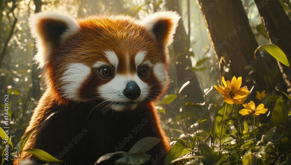 Naklejka premium Enchanted Forest: A Red Panda's Gaze