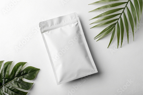 Plain white aluminum pouch bag. For mock-up use. White background. Organic image.