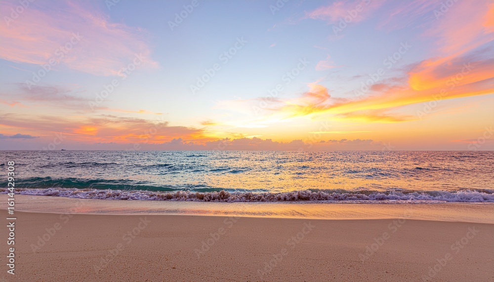 Fototapeta premium 夕焼けの海 - 広がる砂浜のパノラマ, Sunset Ocean - Expansive Sandy Beach Panorama