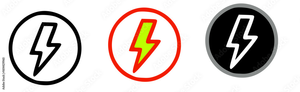 Three circular icons depicting lightning bolts in different color schemes. Three circular icons depicting lightning bolts in different color schemes.