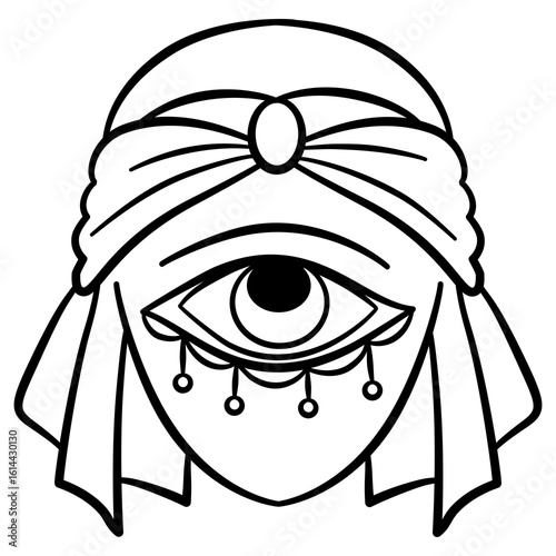 Mystical and enigmatic depiction of a veiled eye. The single eye, with an all-seeing gaze, is veiled by a turban and adorned with intricate ornaments