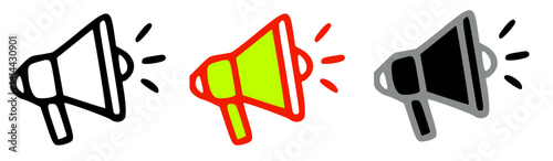 Three cartoon megaphones, outlined in black, red, and gray, with sound waves.
