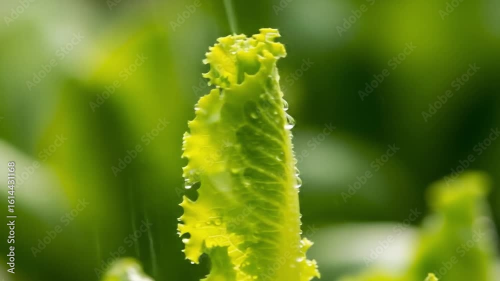 Close up shot of fresh green lettuce being watered in a bright environment Close up shot of fresh green lettuce being watered in a bright environment