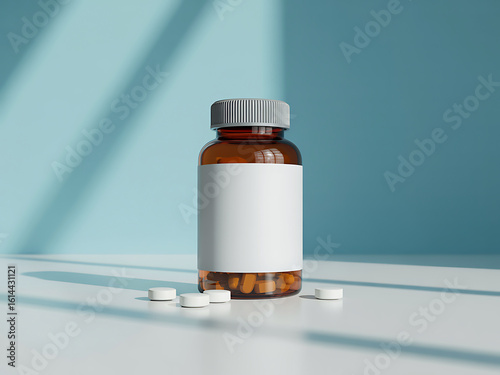 Amber glass medicine bottle with white label and scattered white pills
