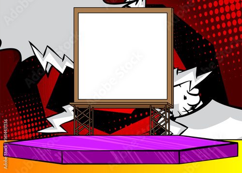 Comic Book Product podium stage for mock-up presentation with Billboard. Retro comics background.