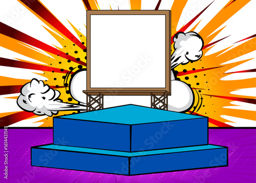 Comic Book Product podium stage for mock-up presentation with Billboard. Retro comics background.