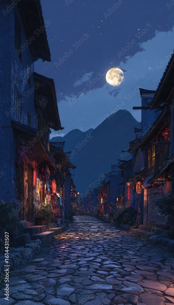 Fototapeta premium A moonlit Asian village street at night