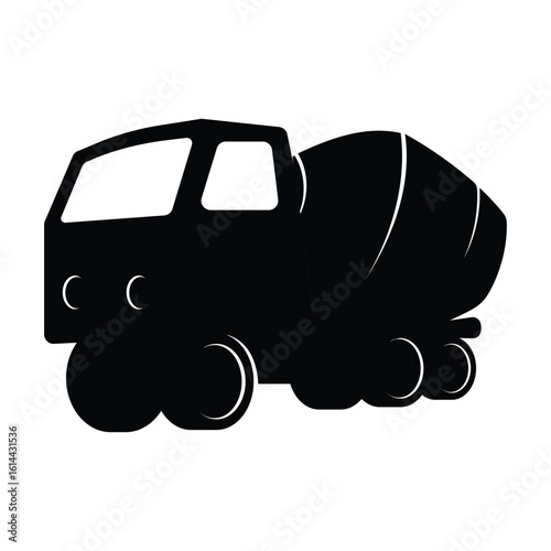 A stark black silhouette of a concrete mixer truck is centered on a white background