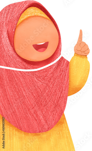 Illustration of a woman wearing a hijab with her hand pointing up