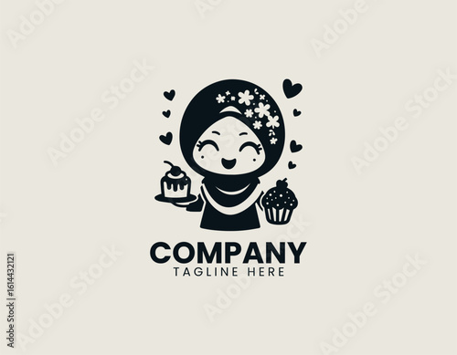 Joyful Muslim girl in hijab excitedly offering a slice of cake and a cupcake. Sweet celebration concept