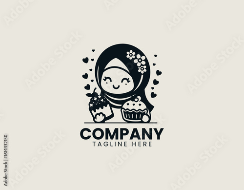 Joyful Muslim girl in hijab excitedly offering a slice of cake and a cupcake. Sweet celebration concept