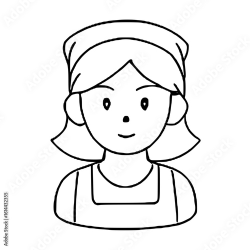 Black and white doodle-style female maid character icon for house cleaning and caretaker themes