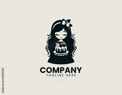 Charming cartoon girl with long wavy hair peacefully holding a delightful frosted cake with berries. Celebration concept