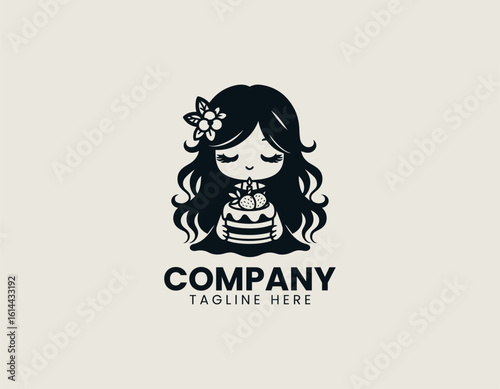 Charming cartoon girl with long wavy hair peacefully holding a delightful frosted cake with berries. Celebration concept