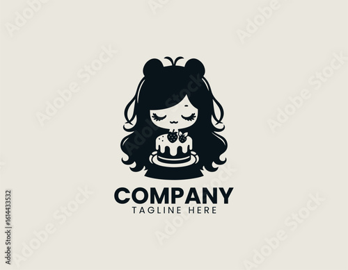 Charming cartoon girl with long wavy hair peacefully holding a delightful frosted cake with berries. Celebration concept