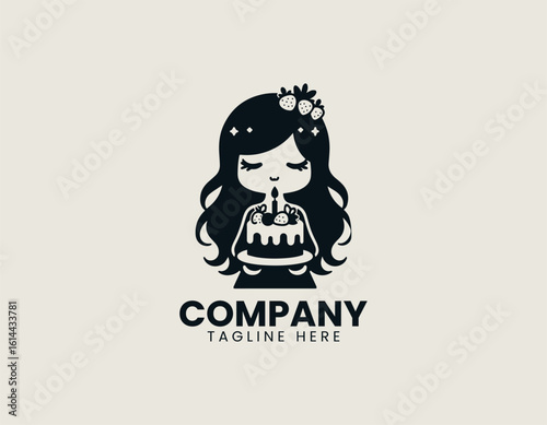 Charming cartoon girl with long wavy hair peacefully holding a delightful frosted cake with berries. Celebration concept