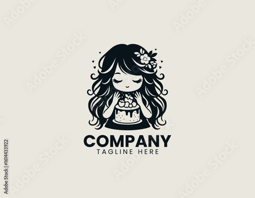 Charming cartoon girl with long wavy hair peacefully holding a delightful frosted cake with berries. Celebration concept