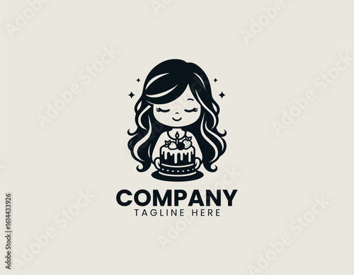 Charming cartoon girl with long wavy hair peacefully holding a delightful frosted cake with berries. Celebration concept