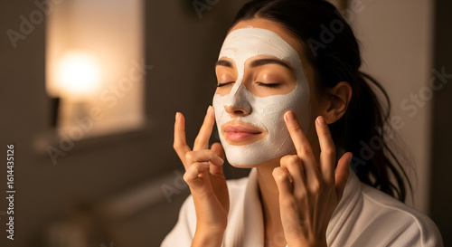 Woman applying facial mask at night