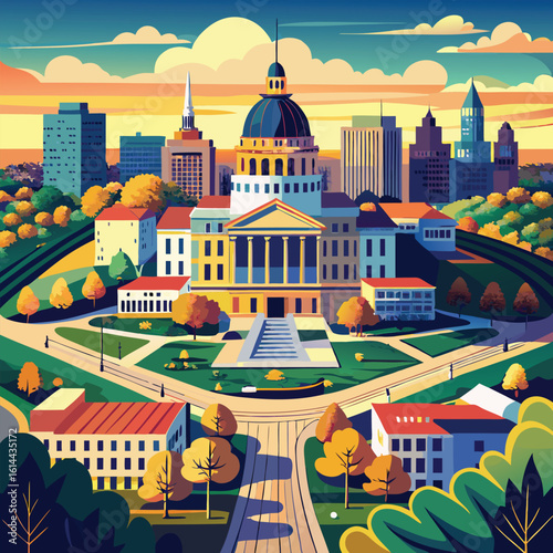 Aerial panorama of topeka and kansas state capitol building