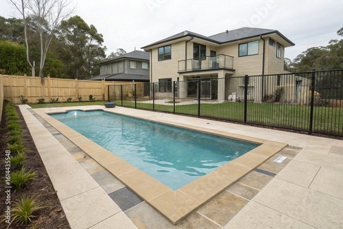 Rectangular modern swimming pool in a fenced backyard of a luxury new construction house. Clear blue water, tan concrete edges, outdoor summer lifestyle, peaceful and private.

