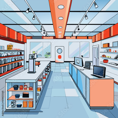 Interior view of a spacious electronics store with shelves and displays