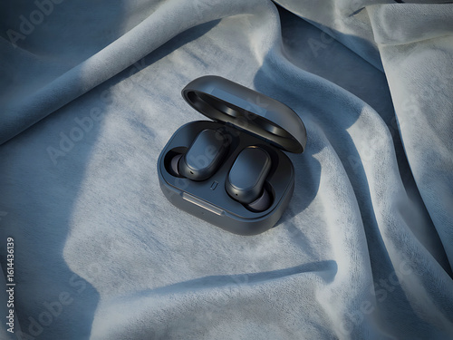 Modern wireless earbuds resting in their charging case on textured fabric