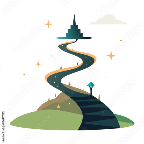 Enchanting hilltop landscape with a single tree sparkling lights and wind effects