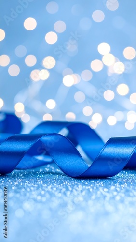 Blue ribbon on sparkling background