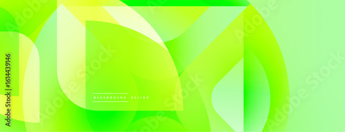 Bright green abstract background. Overlapping shapes create dynamic visual effect. Smooth gradients, modern design elements present.