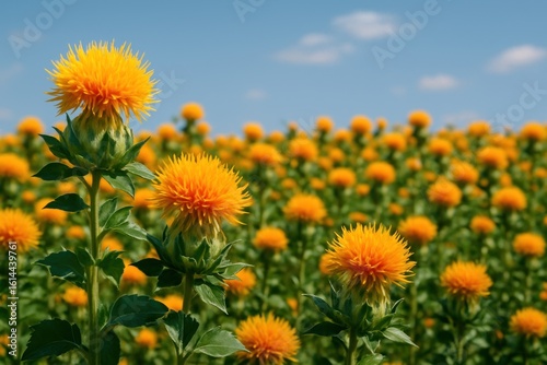 Vibrant safflower field under sky