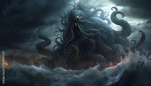 Giant sea monster with glowing eyes and tentacles rises from stormy ocean waves under dark cloudy sky creating terrifying powerful scene