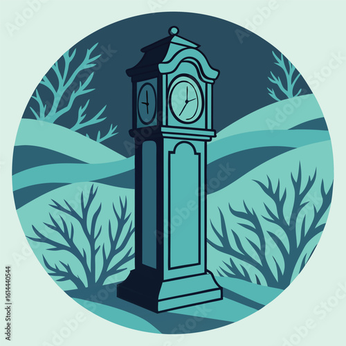 Intricate coral pattern with grandfather clock elements on a synthetic tundra background
