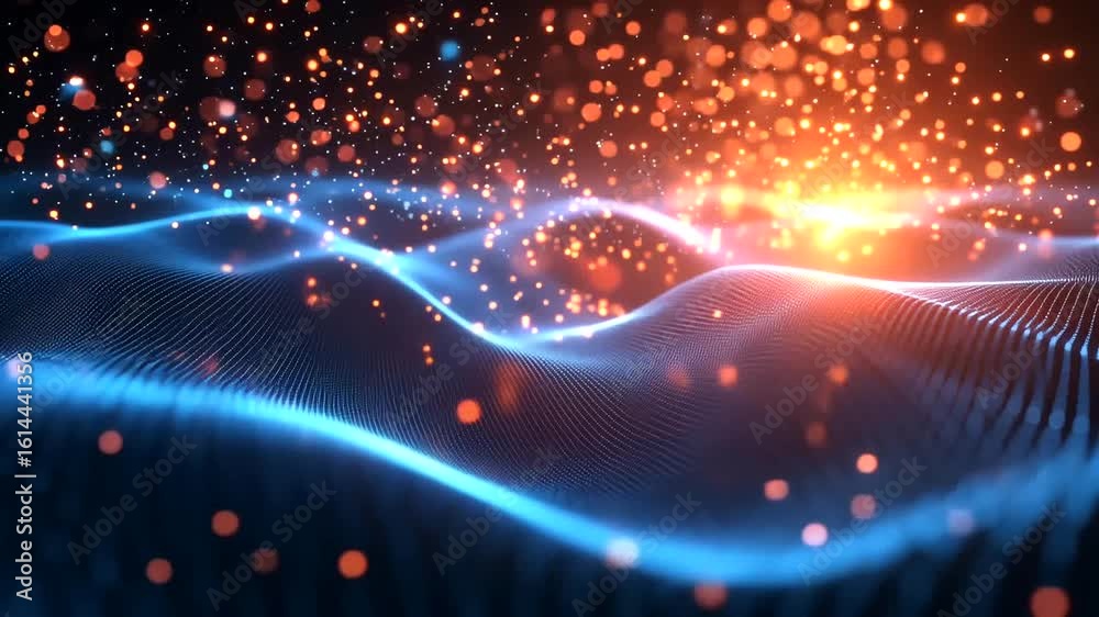 Abstract Digital Landscape with Glowing Particles and Wavy Surface Animation