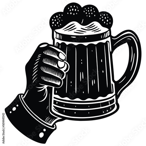 Illustration of a hand holding a frothy beer stein with a festive background