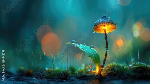 Illuminated mushroom in a mystical forest setting.