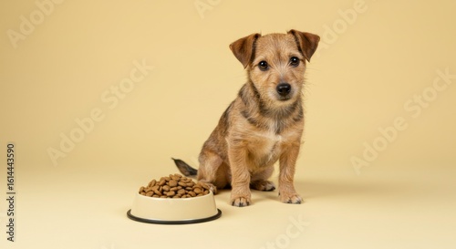 Dog with a bowl of food