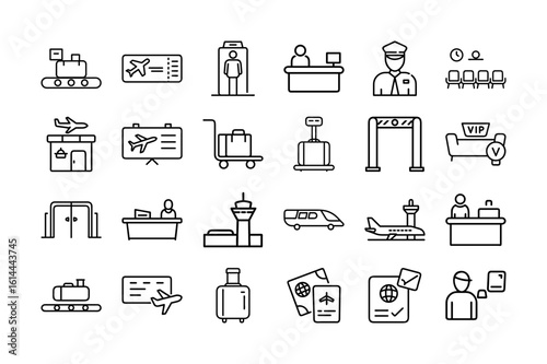 Airport Services Vector Icon Set. Check-In, Security, Luggage, Passport, Flight, Ticket, VIP, Airport Lounge, Baggage, Ticket Counter, and More. Editable line icons. Vector illustration.