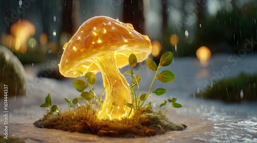 Illuminated mushroom in a rainy forest.