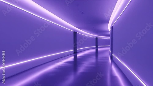 Minimalist hallway with smooth curves and soft blue neon pulses breathing across surfaces