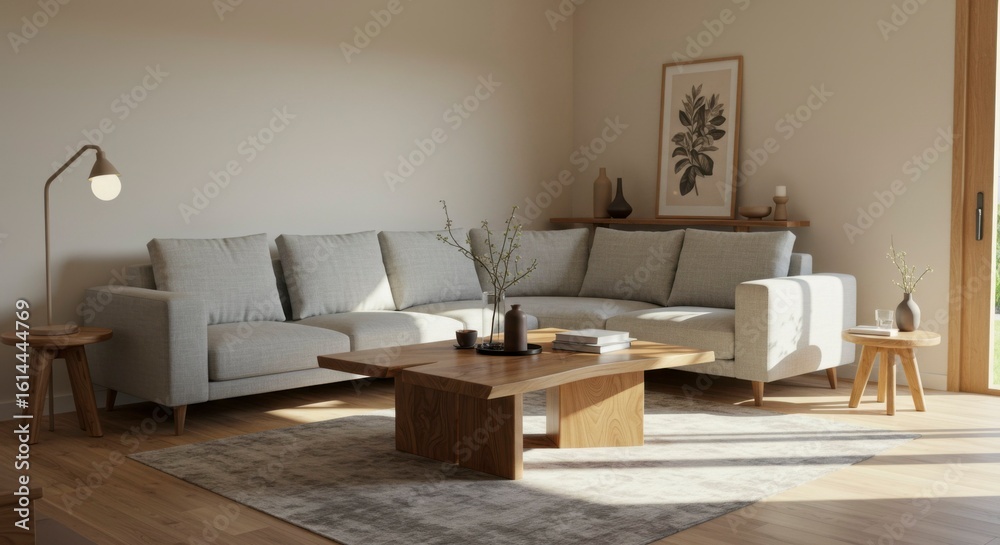 Fototapeta premium Calm living room with L-shaped sofa, wooden coffee table, neutral tones, natural light, and minimalist decor